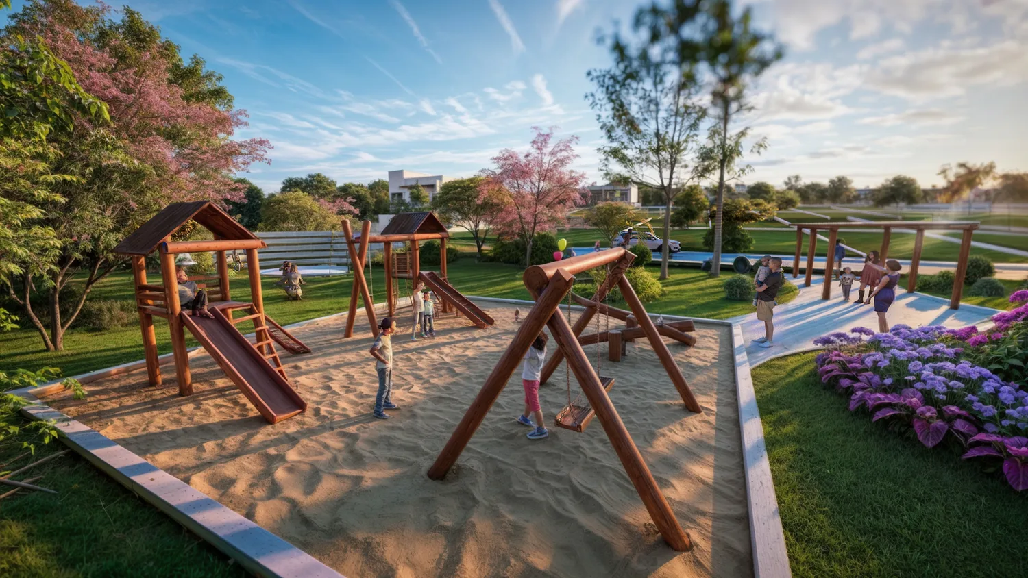 Projeto da área de lazer do Jardim Moaz ao entardecer